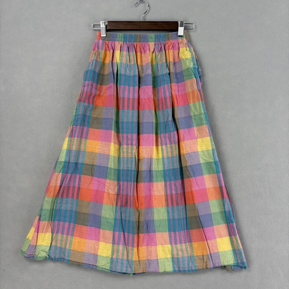 Vintage Skirt Womens S Multicolor Plaid Cotton A-Line Midi Elastic Waist Pockets